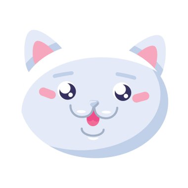 Neşeli, memnun kedi yavrusunun başı. Keyfin yerinde evcil. Hayvan mağazası ya da veteriner kliniği tasarımı için. Beyaz arkaplanda izole edilmiş basit katı detay vektörü