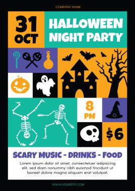 Dikey Cadılar Bayramı A4 Tatil Partisi Poster Davetiyesi, dans eden iskeletler, kafatası ve bayram etiketi. Matbaa şablonu, kutlama davetlileri için ilan afişi. Vektör çocuklar partisi