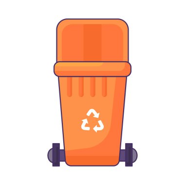 Kullanılmış plastik atıkları depolamak, geri dönüşüm ve sıralamak için açık kapaklı taşınabilir konteynır. Plastik şişeler ve çöpler için boş çöp kutusu. Çizgi film dış hat vektörü