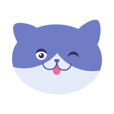 Evcil kedi yavrusunun neşeli yüzü. Tekir kedi neşeyle gözünü kırpıyor. Evcil hayvan mağazası veya veteriner kliniği tasarımı. Beyaz arkaplanda izole edilmiş basit düz vektör