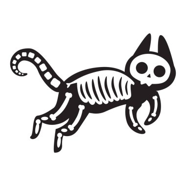 Siluet cadılar bayramı dev kedisi, roentgen iskelet kemikleri, peri masalı ürpertici karakteri. Dev bir kedinin korkunç gölge çizgisi. Beyaz arkaplanda izole edilmiş basit siyah ve beyaz vektör