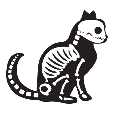 Siluet cadılar bayramı roentgen iskelet kemikleri olan küçük kedi yavrusu, peri masalı ürkünç karakteri. Oturan kedi yavrusunun korkunç gölgesi. Beyaz arkaplanda izole edilmiş basit siyah ve beyaz vektör