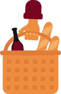 Bir el, içinde bir şişe ve ekmek olan sepeti çizgi film tarzında kavrıyor. Fransız ekmek ve peynir festivali, Bake Fest. Lezzetli bir yemeğin reklamı, marka logosu, ya da tarif blogu örneği. Renkli vektör illüstrasyonuName