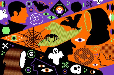 Cadı, vampir, örümcek, hayalet, balkabağı, yarasa, kafatası, ağ ve çizgi film tarzında gözler içeren renkli neon taşıyıcı Cadılar Bayramı tasviri. Parti mevsimlik dekorasyonları. Web tasarımı, posterler, baskı, sosyal medya veya tanıtım materyali için ideal