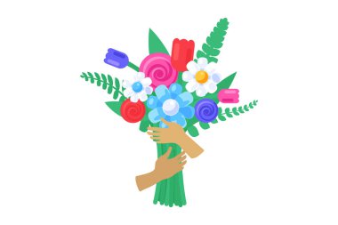 Bir demet çiçeği katı çizgi film tarzında tutan ellerin vektör grafik çizimi. Narin çiçekler ve yeşil yaprakların hoş bir karışımı. Doğum günleri, yıldönümleri, Sevgililer Günü ya da basit bir jest gibi çeşitli durumlar için hediye. 