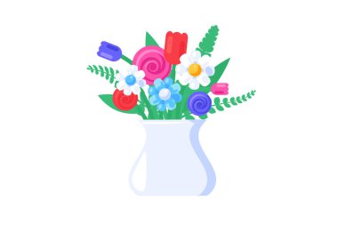 Canlı, katı çizgi film tarzında bir vazoda bahar çiçeğinin vektör grafik çizimi. Bahar ya da yaz dekorasyonu. Çiçekler ve yeşil yaprakların harika bir karışımı. Doğum günleri, yıldönümleri, Sevgililer Günü D 'si gibi çeşitli durumlar için hediye.