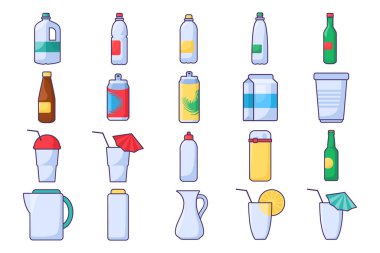 Farklı içecekler için parlak bir taslak şeklinde vektör plastik ve cam kaplar. Piknikler, geziler, açık hava aktiviteleri, banketler, kamu kurumları ve yemek şirketleri için sofra takımı. Yiyecek, depolama ve dağıtım sistemi ambalajı