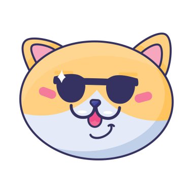 Mutlu kedi yavrusu. Gözlüklü gülen bir kedinin yüzü. Evcil hayvan mağazası veya veteriner kliniği tasarımı. Beyaz arkaplanda izole edilmiş basit düz vektör