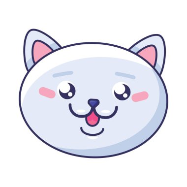 İyi huylu kedi ağızlığı. Neşeli, halinden memnun kedinin başı. Evcil hayvan mağazası veya veteriner kliniği tasarımı. Beyaz arkaplanda izole edilmiş basit düz vektör