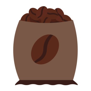 Katı çizgi film tarzında kahve çekirdekleri ile dolu açık poşetin vektör çizimi. Kahve temalı bir etkinlik, bir kafe menüsü, bir kahve dükkanı reklamı, kahveyle ilgili bir blog yazısı. Barista ekipmanları. Simgeler web tasarımı için mükemmel, dekoratif elementler