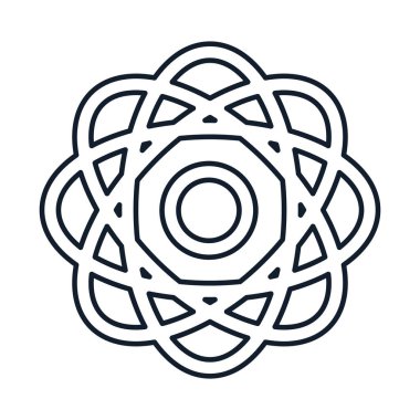 Soyut atomik modelin doğrusal biçimde vektör illüstrasyonu. Bilim, keşif ve araştırma sembolü. Simge web tasarımı, dekoratif unsurlar, baskı, çıkartmalar veya sosyal medya için mükemmel. Görüntü beyaz sırtgeçitte izole edilmiş.