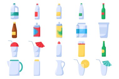 Farklı içecekler için parlak düz bir tarzda vektör plastik ve cam kaplar. Piknikler, geziler, açık hava aktiviteleri, banketler, kamu kurumları ve yemek şirketleri için sofra takımı. Yiyecek ambalajı, depolama ve teslimat sembolü