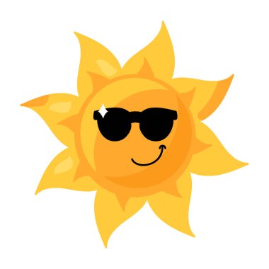 Çizgi film tarzında parlak sarı renkli güneş gözlüklü, stilize güneşin canlı bir temsili. Güneşin yüzü neşeli ve davetkar, sıcaklık ve mutluluk saçıyor. Parlak duygu simgesi karakteri yaz, tatiller ve mutlulukla ilgili yazılar için faydalıdır.