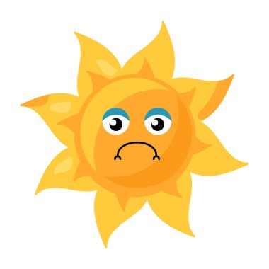 Çizgi film tarzında parlak sarı renkli hayal kırıklığına uğramış yüzü olan stilize güneşin canlı bir temsili. Zihinsel sağlık farkındalığını destekleyen, depresyon veya kaygı duygularını temsil eden kampanyalar