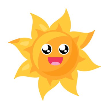 Çizgi film tarzında parlak sarı renkli büyüleyici bir tebessümle stilize güneşin canlı bir temsili. Güneşin yüzü dostane ve davetkar, sıcaklık ve mutluluk saçıyor. Gülümseyen güneş eğitim kaynakları içindir, çocuk kitabı.