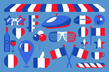 A vibrant set of vector illustrations in colors of French flag in a cartoon style. Collection of clip art: kissing lips, flags, emblems, decorations, location pin, thumb up, accessories. French cultural festivals, culinary events showcasing French cu clipart