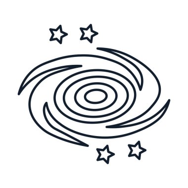 Galaksinin vektör soyut çizimi ve doğrusal olarak yıldızlar. Bilim, keşif ve uzay sembolü. Astronomi ve kozmos elementi. Simge web tasarımı, dekoratif unsurlar, baskı, çıkartmalar veya sosyal medya için mükemmel. Görüntü izole edildi 