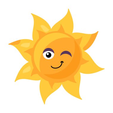 Çizgi film tarzında parlak sarı renkli, göz kırpan güneşin canlı bir temsili. Güneşin yüzü dostane ve davetkar, sıcaklık ve mutluluk saçıyor. Gülümseyen güneşi eğitim kaynaklarına, çocuk kitaplarına, oyunlara dahil et,