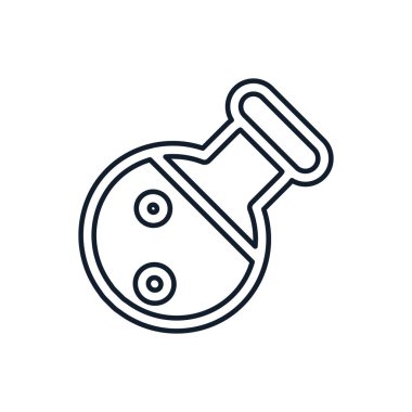 Yuvarlak alt şişenin vektör soyut çizimi doğrusal biçimdedir. Bilim, keşif ve uzay sembolü. Kimya işareti. Astronomi ve kozmos elementi. Simge web tasarımı, dekoratif unsurlar, baskı, çıkartmalar veya sosyal medya için mükemmel. İma.