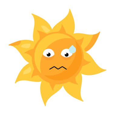 Çizgi film tarzında parlak sarı renkli endişeli güneş emojisinin canlı bir temsili. Parlak duygu simgesi karakteri stresli durumlarla ilgili mesajlara biraz mizah katar ya da çocuk kitaplarında endişe ya da endişeyi resmeder.