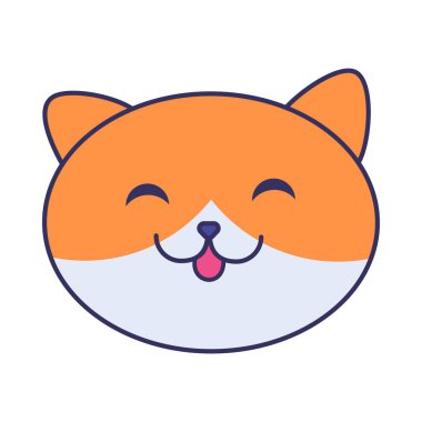 Neşeli ev kırmızı kedi zevkten gözlerini kapadı. Tatmin olmuş kırmızı kedicik suratı. Evcil hayvan mağazası veya veteriner kliniği tasarımı. Beyaz arkaplanda izole edilmiş basit düz vektör