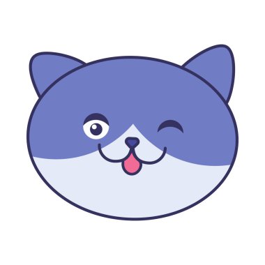 Tekir kedi gözünü kırpıyor. Pisi pisisinin neşeli yüzü. Hayvan mağazası ya da veteriner kliniği tasarımı için. Beyaz arkaplanda izole edilmiş basit okşanmış renkli vektör