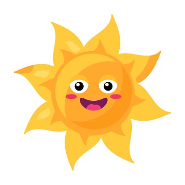 Çizgi film tarzında parlak sarı renkli, gülümseyen bir güneş emojisinin canlı bir temsili. Neşeli, sevimli bir karakter ya da olumlu duygular taşıyan bir ifade.
