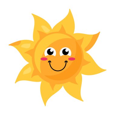 Çizgi film tarzında parlak sarı renkli, ışıl ışıl gülümseyen, stilize güneşin canlı bir temsili. Güneşin yüzü dostane ve davetkar, sıcaklık ve mutluluk saçıyor.