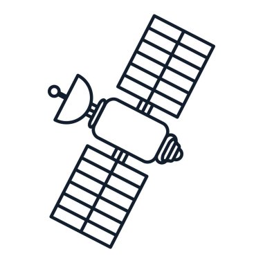 Uzay uydusunun doğrusal olarak vektör illüstrasyonu. Bilim, keşif ve uzay sembolü. Astronomi ve iletişim elementleri. Radyo telekomünikasyon sembolü. Mobil iletişim ve resepsiyon. Simge web tasarımı için mükemmel, dekoratif eleme