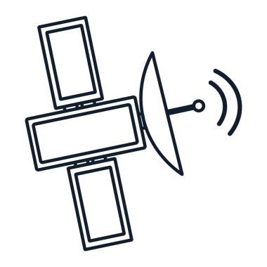 Kozmos uydusunun doğrusal olarak vektör illüstrasyonu. Bilim, keşif ve uzay sembolü. Astronomi ve iletişim elementleri. Radyo telekomünikasyon sembolü. Mobil iletim ve resepsiyon. Simge web tasarımı ve dekoratif eleme için mükemmel.