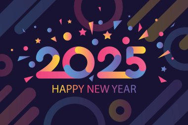 2025 tarihli ve bayram konfetiyle gece disko dans renklerinde yatay mutlu 2025 Yeni Yıl Tatili posteri. Matbaa şablonu, kutlama davetlileri için ilan afişi. Vektör