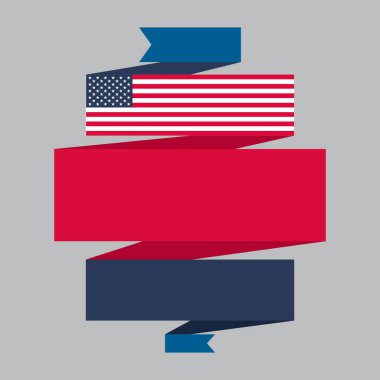 Mesaj için ABD bayrağı ve alanı ile canlı kurdelenin vektör çizimi. Vatanseverlik, ulusal bayramlar ya da Amerikan kültürünü kutlayan etkinlikler. Devlet daireleri, eğitim kurumları veya işletmeler için web sitesi tasarımları. İllüstrasyon... 