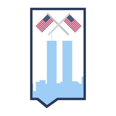 Şehir siluetinin vektör çizimi ve dikdörtgen konuşma balonunda ABD bayrakları. Vatanseverlik, ulusal bayramlar ya da Amerikan kültürünü kutlayan etkinlikler. Devlet daireleri, eğitim kurumları veya işletmeler için web sitesi tasarımları. Çizim