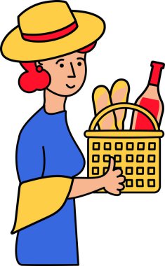 Vector illustration of a french woman walking with a basket of food in outline cartoon style. An exquisite wine culture, the wine and bread festival in France, tastings, winemaking techniques, and delicious bread. The illustration is suitable for web clipart