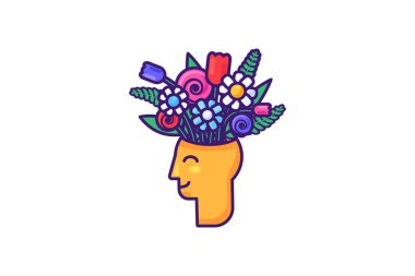 Çizgi film tarzında bir kafadan süzülen nosegay 'in vektör grafik çizimi. Mutlu ve neşeli bir ruh hali. Çiçekler ve yeşil yaprakların harika bir karışımı. Psikoloji ve ruh hali ikonu. Doğum günleri, yıldönümleri, değerler gibi çeşitli etkinlikler.