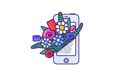 Vector graphic illustration of bouquet blooming out from a phone in a vibrant outline cartoon style. Delightful mix of flowers and green leaves. Present for various occasions such as birthdays, anniversaries, Valentine's Day, or a simple gesture to b clipart