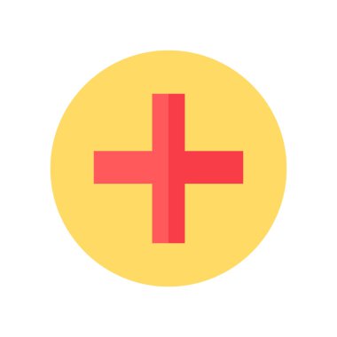 Kırmızı artı sarı arkaplan simgesi. İlk yardım çantasının işaretlenmesi için yuvarlak etiket ya da ilaç deposu için yer. Beyaz arkaplanda izole edilmiş basit düz vektör