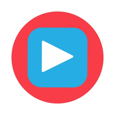 Kırmızı etiket arka planında mavi kare müzik çalar düğmesi. Tarayıcı ortam oynatıcı kontrol ögesi. Beyaz arkaplanda izole edilmiş basit düz vektör