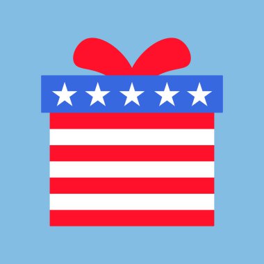 Amerikan bayrak temalı simgelerin koleksiyonundan bir hediye kutusunun vektör çizimi. Amerikan kültürünün ve kimliğinin kutlaması. Bağımsızlık Günü kutlamaları, bir dekoratif unsur