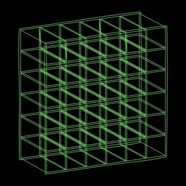 Y2K vektörü psikedelik fütüristik nesne 3D ızgarasını modaya uygun neon yeşil siyah stilde övüyor. Gerçeküstü soyut geometrik kablo şekilleri, kripto ya da siber punk unsurları ve perspektif ızgara sembolleri. Element grafik tasarımı, dijital sanat, video için idealdir