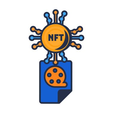 Çok renkli NFT film dosyası. Sinema dosyasına eşsiz bir kod atanıyor. Dijital mülkiyet haklarını güvence altına alın. Beyaz arkaplanda izole edilmiş gelecekteki çizgi film ana hatları vektörü