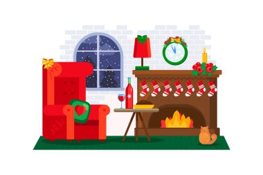 Yılbaşı içinin Noel şöminesi, çoraplar ve oyuncaklarla süslenmiş Noel şöminesi, şenlikli bir yeni yıl masası, rahat ev koltuğu, fiyonklar ve pencerenin dışında kar.