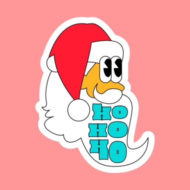 Beyaz sakallı, kırmızı şapkalı, kabarık gözlü Noel Baba 'nın komik yüzü. Yeni yıl cırt cırt cırt cırtlı dekorasyon hediyesi ya da 2000 yılı tarzı kart. Pembe arka planda çizgi film Y2K retro etiketi