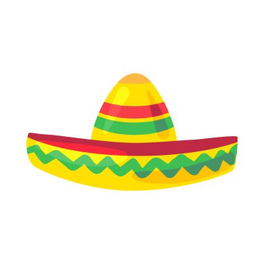 Geniş kenarlı şapkalı ve geleneksel desenli bir şapka. İspanyol bayramı elementi Cinco De Mayo. Meksika tatil ikonu. Beyaz arkaplanda izole edilmiş basit çizgi film vektör ögesi
