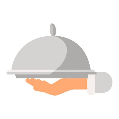 Garson elinde metal kubbe kapaklı sıcak bir tabak var. Servis yapıyor, yemek sunuyor. Ülkelerin kültürel geleneklerinin tasarımı için görüntü. Beyaz arkaplanda izole edilmiş basit düz vektör