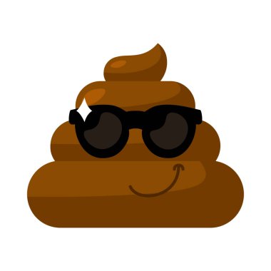 Kahverengi özgüvenli siyah güneş gözlüklü Emoji kakası. Sosyal medyada tepki için tasarım öğesi. Komik bir ikon. Beyaz arkaplanda izole edilmiş basit çizgi film vektör ögesi