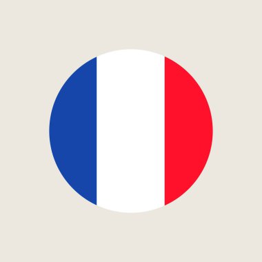 Fransız bayrağı renginde yuvarlak element, yabancı misafirlerle buluşuyor. Geleneksel bayram sembolü, Fransız bayrağının özellikleri. Ulusal renklerde çizgi film vektör simgesi