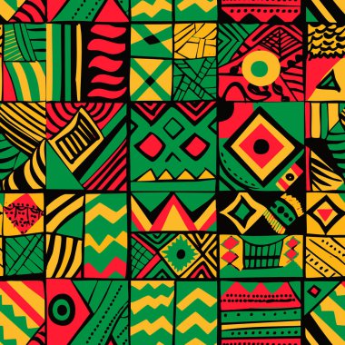 Kırmızı, sarı, yeşil renklerde, renkli seramik parçaları kareli Afrika geometrik desenli. Yazdırma, paketleme ve paketleme için süsleyin. Siyah arkaplanda izole edilmiş vektör