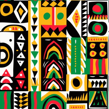 Kırmızı, sarı, yeşil renklerde, renkli seramik parçaları kareli Afrika geometrik desenli. Yazdırma, paketleme ve paketleme için süsleyin. Siyah arkaplanda izole edilmiş vektör