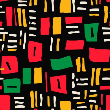 Kırmızı, sarı, yeşil renklerde, çok renkli hücrelerin damalı dokusuna sahip Afrika kökenli kusursuz desen. Yazdırma, paketleme ve paketleme için süsleyin. Siyah arkaplanda izole edilmiş vektör